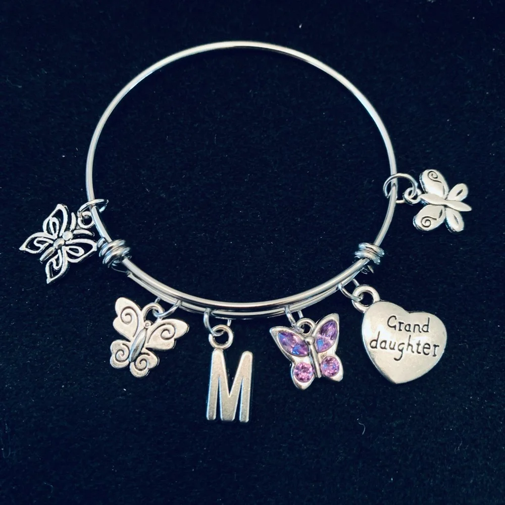 Butterflies “granddaughter” themed bangle bracelet personalized